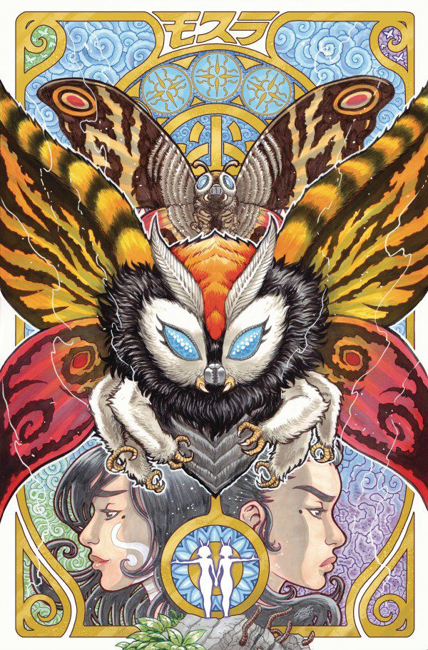 Colourful illustration of Mothra and two women 