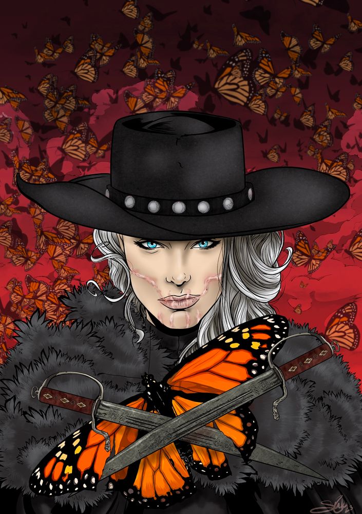 Woman in a black cowboy hat and fur collared cloak in front of a mass of monarch butterflies. A large monarch butterfly is “pinned” by two butterfly swords in front of her. 