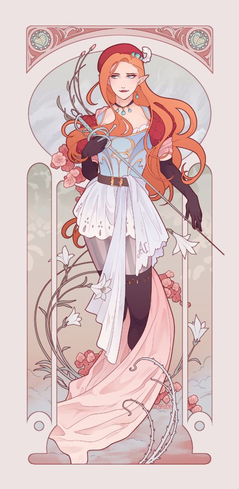 A full-body digital illustration of Alexa in an Art Nouveau style referencing Alphonse Mucha's "Spring". She is a half-elf with fair skin and bright ginger hair falling in long swoops; her eyes are aqua blue matching the colour of the gems adorning her red beret, her single earring and her choker. She wears blue stays and red puff sleeves, long gloves and over-the-knee boots embroidered with gold. A cloth monogrammed with the initials 'A.I.' is tucked into her belt, and a flowing pink cloth wraps around her legs. Alexa is holding a silver rapier with one gloved hand and touching its blade with the fingertips of the other, as she looks to the side with a smirk. The background features Art Nouveau-style decorative elements with swooping vines, trailing roses and blooming lilies in a soft pastel colour scheme.