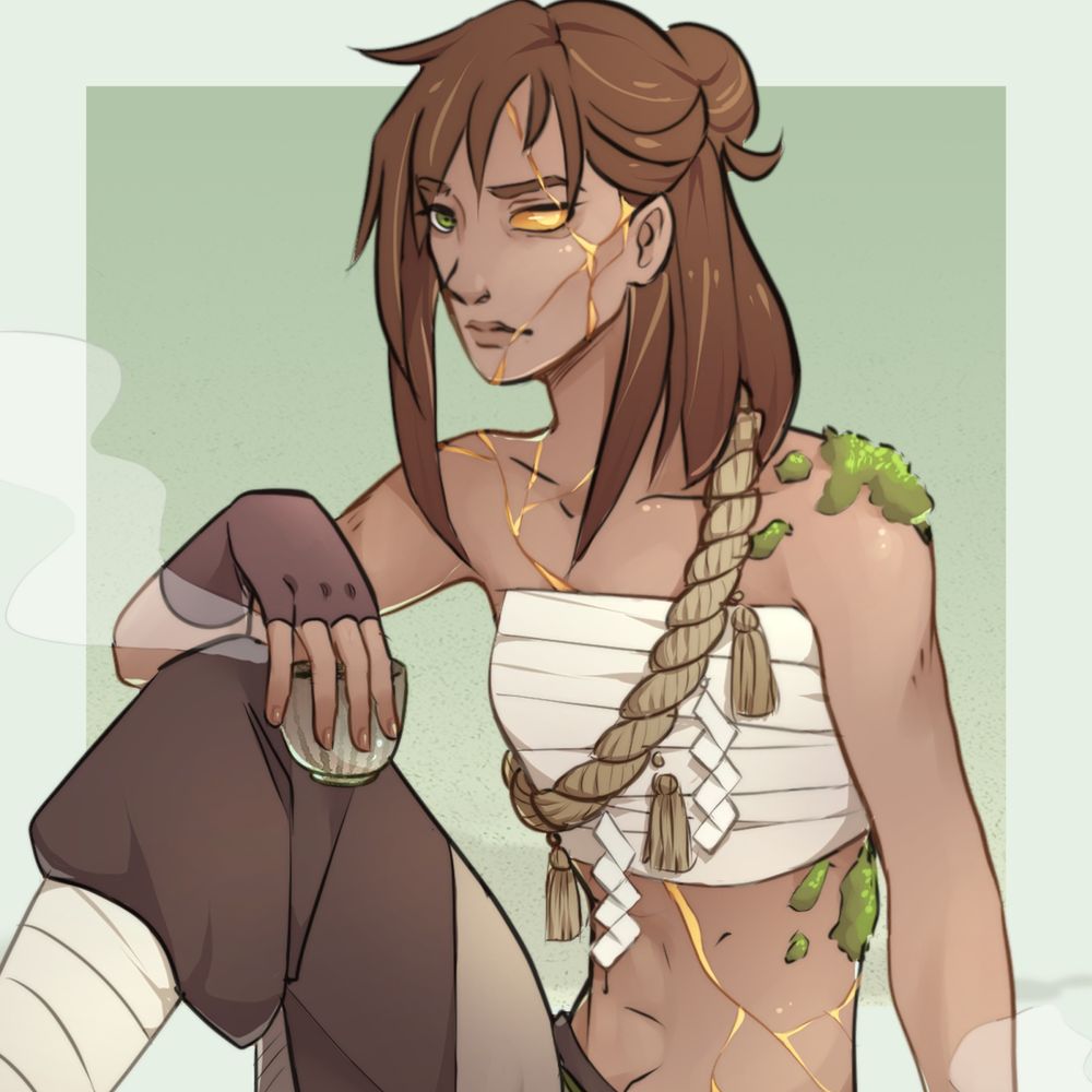 Coloured halfbody sketch of Kouharu, an earth genasi monk. They have tanned skin, brown hair in a messy half-updo, and wear cloth wraps around their chest and loose pants. A shimenawa rope encircles their torso. Their physique is lean but muscular. Their face and torso are crisscrossed with golden kintsugi scarring that colours their left eye as well (the right eye is green), and on their left shoulder and back grow patches of moss. They are holding a steaming cup of tea.