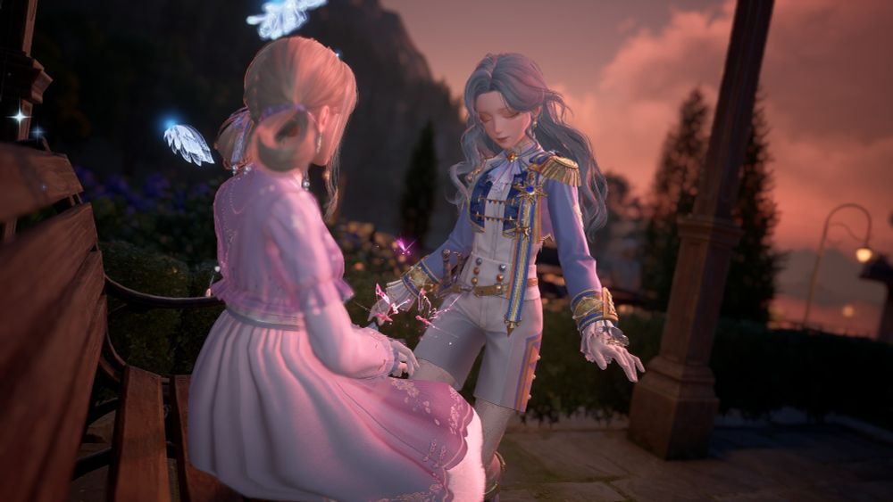 Screenshot from the game Infinity Nikki. My Nikki, dressed in a military ouji-esque outfit, curtsies to another stylist's, dressed in a pink frilly dress and sat on a garden bench.