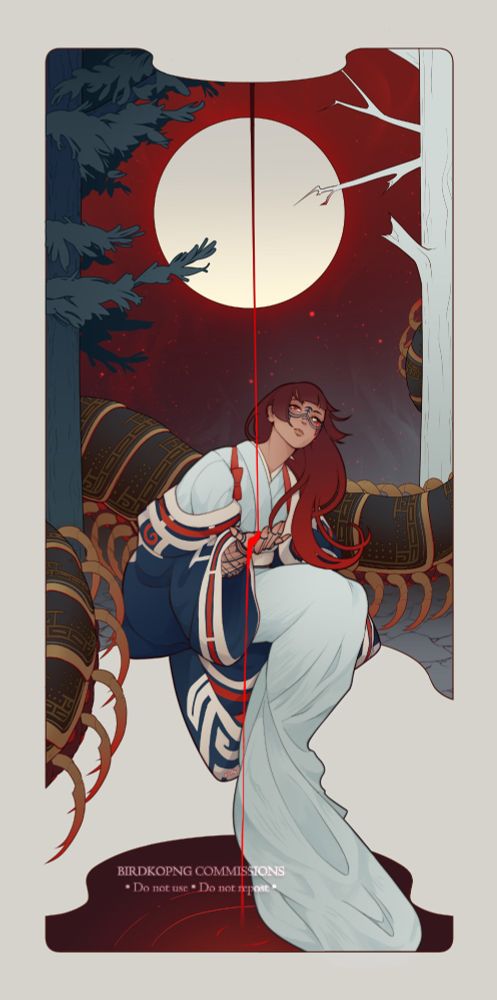 Art Nouveau style illustration of a Tarot card representing the High Priestess. Chiyo, a woman with reddish-black hair in a hime cut and clad in white robes under a navy, red and ivory kimono jacket, sits by a pond of dark reddish liquid. Behind her, a giant centipede twines its black, gold and red body around two pines standing on either side of her: the left one is dark and healthy, while the right one is pale and dead. The sky in the background is tinged red and features a large full moon. A trickle of red liquid pours from above, falling into Chiyo's cupped palm before flowing down to the pool below her.
Chiyo belongs to Khonri on Bluesky.