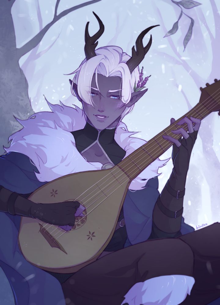 Illustration of Fenian Silversilk, a drow bard with some draconic features (horns and scales on his cheeks and neck). He's sitting against a tree in a wintry landscape, strumming his lute. He has short white hair and blue eyes, a sprig of lavender tucked behind one ear, and wears a fur-trimmed cape. Snowflakes flutter around him as he plays. Fenian belongs to azyrion on Artfight.