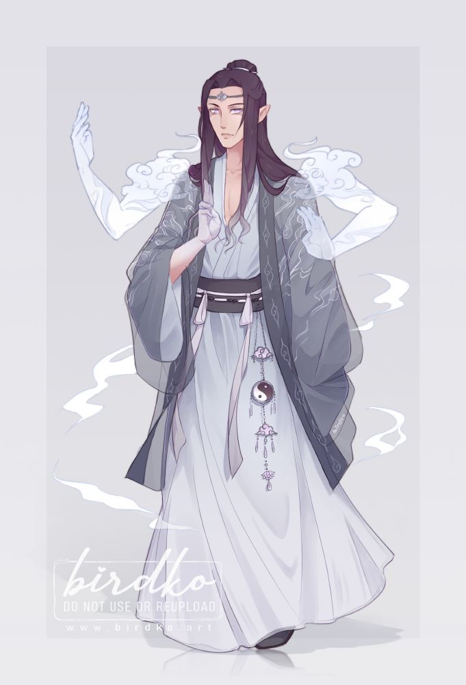 Full body illustration of Hyakuzen Tenji, a half elf half air genasi monk (Way of the Astral Self). He has dark hair that fades to translucent grey at the ends, pale skin, light lilac-grey eyes, and wears layered hanfu-inspired robes in greys and white tones with embroidered cloud motifs. His Arms of the Astral Self manifest as cloudlike apparitions.