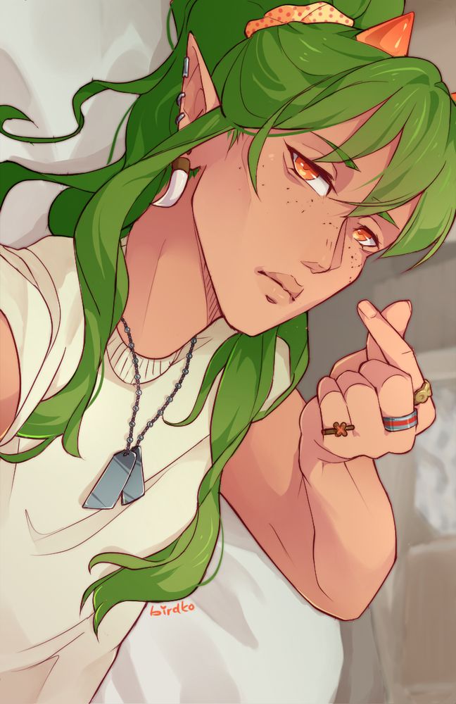 Photocard-style digital illustration of Addan, an elf, who is making a heart shape with his fingers while giving the camera a deadpan stare. His green hair is flowing around him and he's wearing a white sleeveless top, a dog tag necklace, and an assortment of rings.