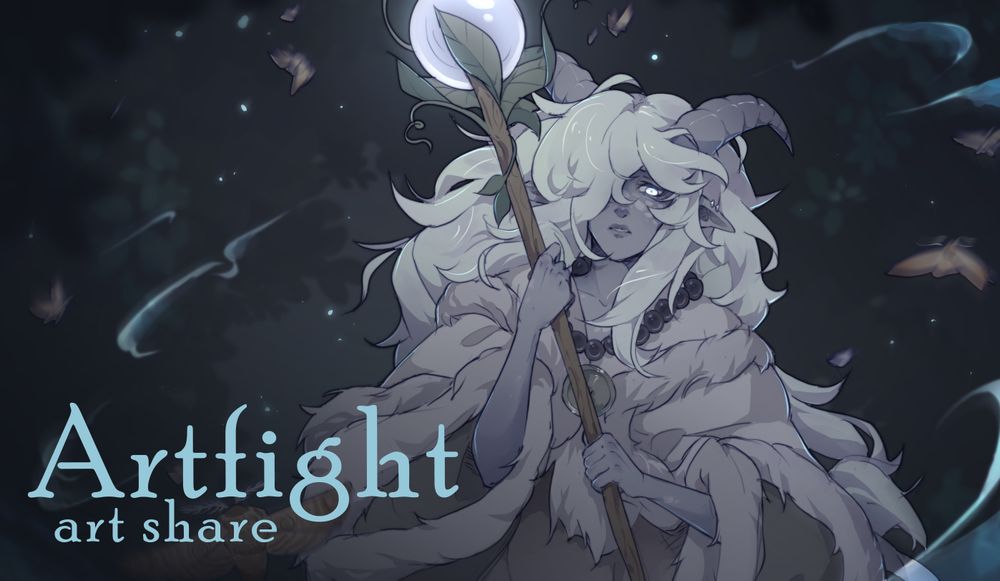 Banner that reads 'Artfight art share'. The banner image is an illustration of Emrys, a tiefling druid with fluffy white hair and grey skin clad in white and grey furs. He's holding onto a glowing staff as his eyes too glow with magic and summon whirling arcane power. Moths flutter around him, attracted to the light. Emrys belongs to kozpen on Artfight.