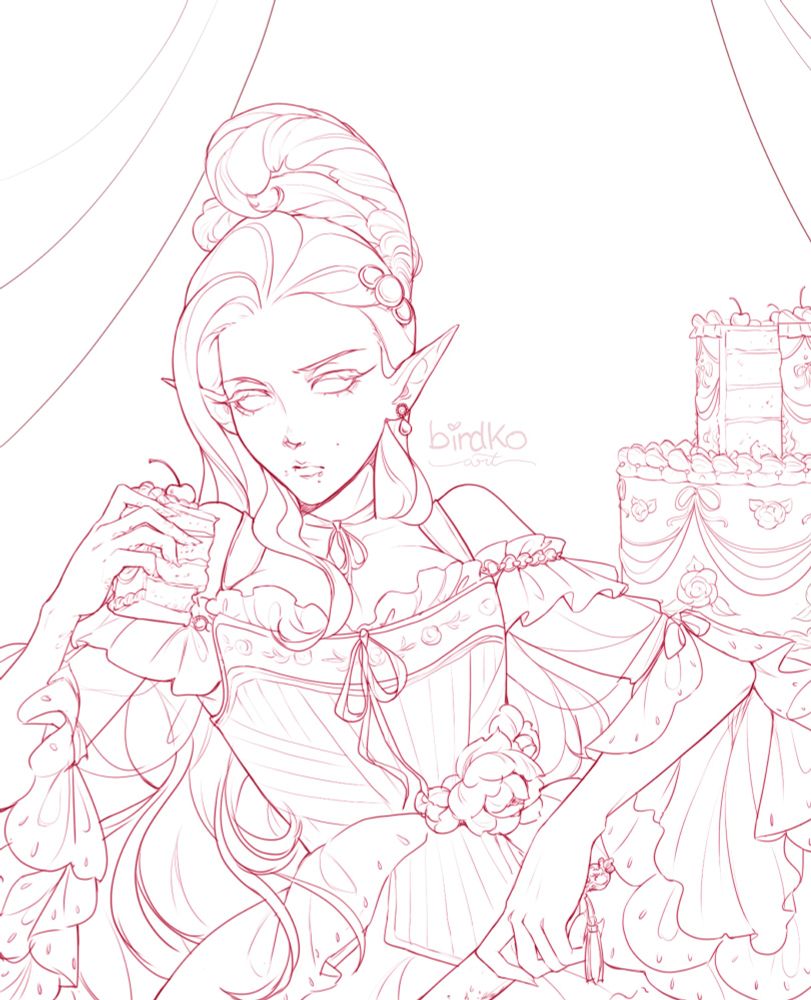 Line art of Alexa, a half-elven woman, in a frilly Rococo dress and stays, grabbing a slice of cake that has a bite taken out of it. She has an insolent expression, reclining with crumbs around her mouth and loosely holding a cake-smeared knife. Behind her is an elaborate tiered cake with a slice cut out.