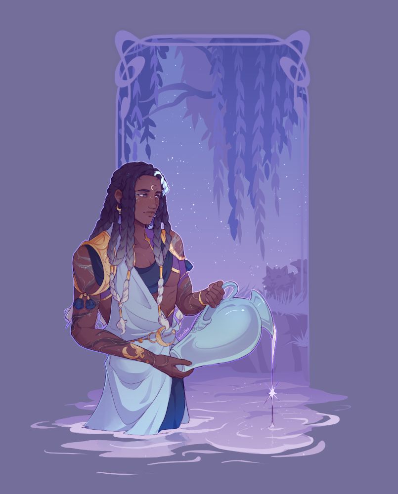 Artwork of Vega, a man with dark skin and a strong physique, standing in water that comes up to his hips; his dark hair is in braids that fade to a light tone at the ends, and on his skin shimmer star-like freckles and wispy markings. His forehead is marked with a crescent moon. He wears layered, ethereal robes and carries a jug from which he pours out water into the pond or lake. In the background is the foliage of a weeping willow, and beyond, the starry sky. By the bank of the pond, a puppy is looking at Vega with a playful stance. Vega belongs to miqueltoast on Bluesky/Artfight.