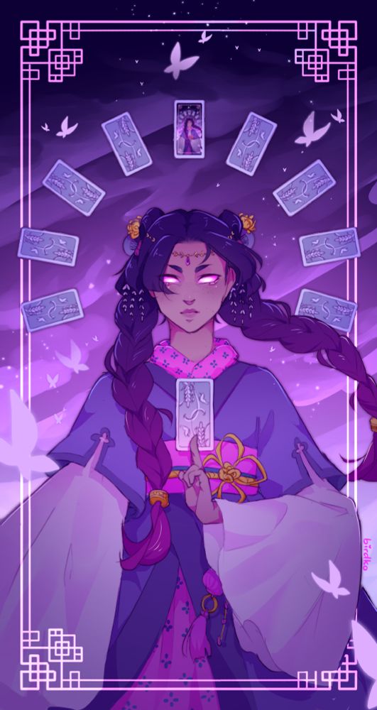 Tarot card style illustration of a cartomancer girl with dark hair in two braids and East Asian-inspired clothing. Her eyes are aglow with magic as she holds up one card; around her head is a halo of cards, the topmost flipped up to reveal the same image in small scale. Mei belongs to sevenluckydice on Bluesky/Artfight.