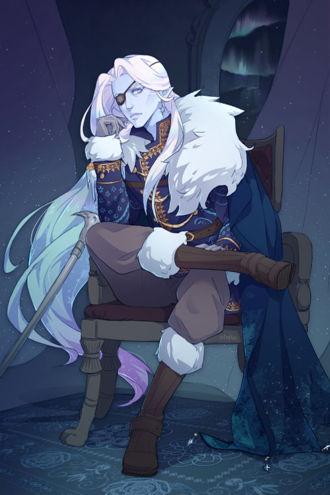 Full-body portrait of Borealis, an air genasi prince with icy skin and long, flowing white hair that takes on the purple and green hues of the aurora. One of his eyes is covered by an eyepatch, and he wears a regal yet militaristic uniform in tones of dark blue and gold trimmed with white fur. He sits on a chair, one leg propped up on his other knee, his elbow resting on his leg as he studies the observer. His cane sword rests against the chair. Behind him, beyond the darkened room, a window shows a night sky slashed by the northern lights. Borealis belongs to LilyBibiss on Artfight.