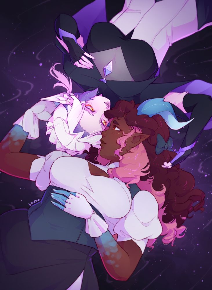 Illustration of Amity and Kiana lying on their backs with their heads close together, reaching out to touch each other's hair as they look tenderly into each other's eyes. Stars swirl in the current around them. Amity is a dark-skinned girl with dragon-like horns and curly brown and pink hair. Kiana is a girl with pale skin and cat-like ears, white and purple hair, and yellow eyes rimmed in red makeup. Both characters belong to Lunewarden on Bluesky / Artfight.