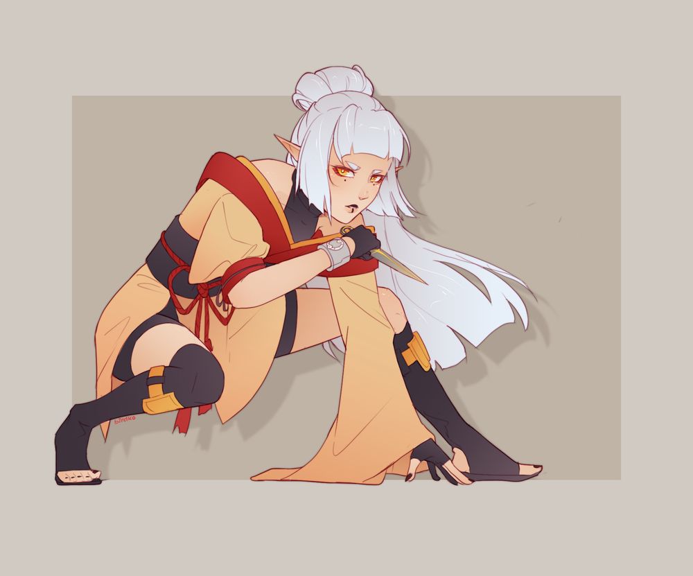 Coloured sketch of Gwen, an elf spy with white hair in a hime cut and golden eyes, and black makeup in the shape of dots under her eyes and a stripe on her lips. She's wearing techwear that combines futuristic styling with traditional Japanese elements. She's crouching in a defensive pose, holding a dagger. Gwen belongs to maroufleuse on Bluesky/Artfight.