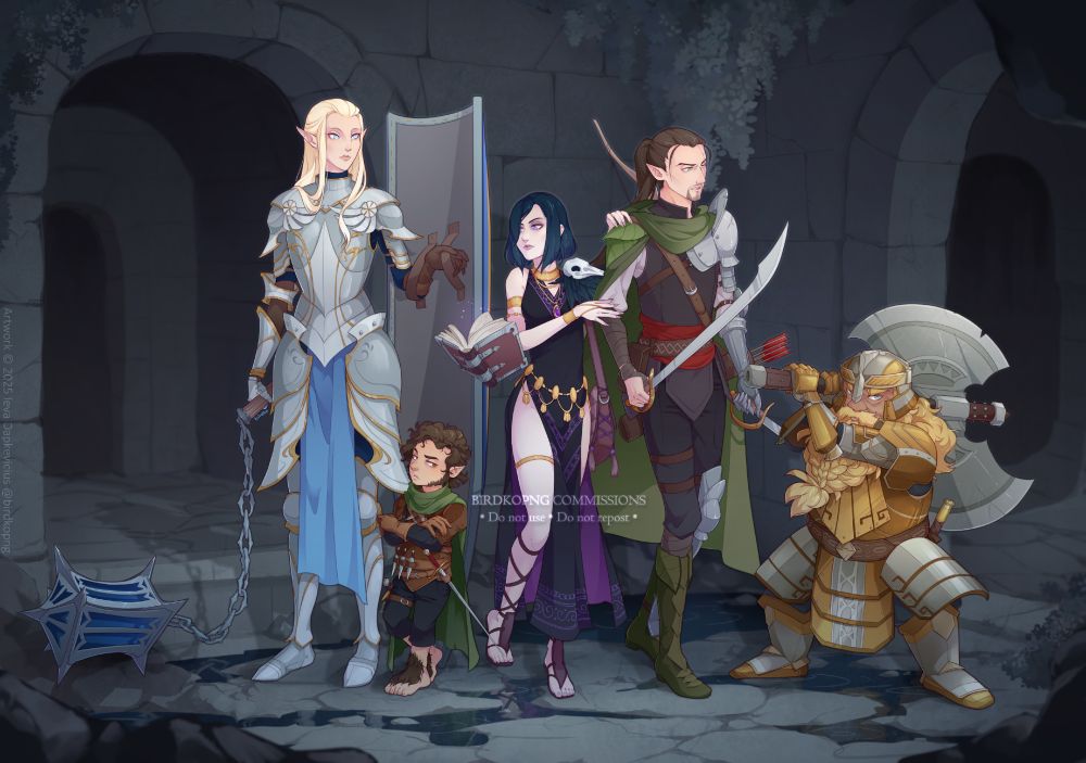 A digital artwork of an adventuring party in a dungeon room, standing close together. From left to right, E'gaile the elf stands in full plate armour, zoning out a little and holding her tall shield; Pigoursh the halfling rogue leans against the shield with a bored look and his arms crossed. Syrian the human mage clings to Spiro's shoulder as she glances at her floating grimoire, and Spiro the half-elven ranger looks at Grymm with mild annoyance, holding two cutlasses at the ready. Grymm the dwarf is in a battle-ready stance, hoisting an enormous axe  over his shoulder.
All characters belong to a private commission client.
