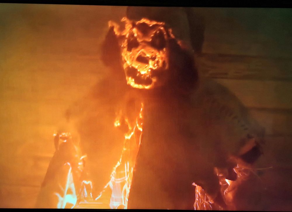 The embodiement of Halloween Spirit emerging from his crypt to kick some hind end, he looks like a grim reaper with a jack-o-lantern face, wearing a hooded robe with orange accents.