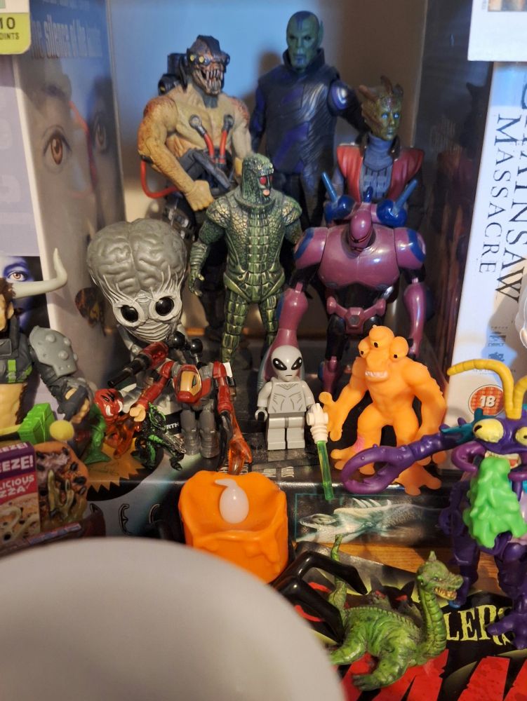 A makeshift display case fashioned from horror VHS tapes featuring various pop culgure aliens - from the Chimera Steelhead & Talos from Captain Marvel to Doctor Who's Ice Warriors & Silurians! 👽