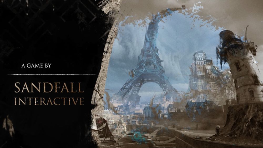 Image d'ouverture des crédits de "Clair Obscur : Expédition 33" titrant "A game by Sandfall Interactive".

On peut y apercevoir la ville fictive "Lumière" avec sa tour eiffel tordu emblématique.