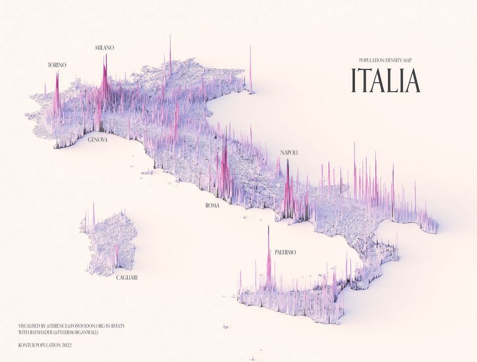 A population density spike map of Italy showing highest population as higher peaks across a 3D landscape.