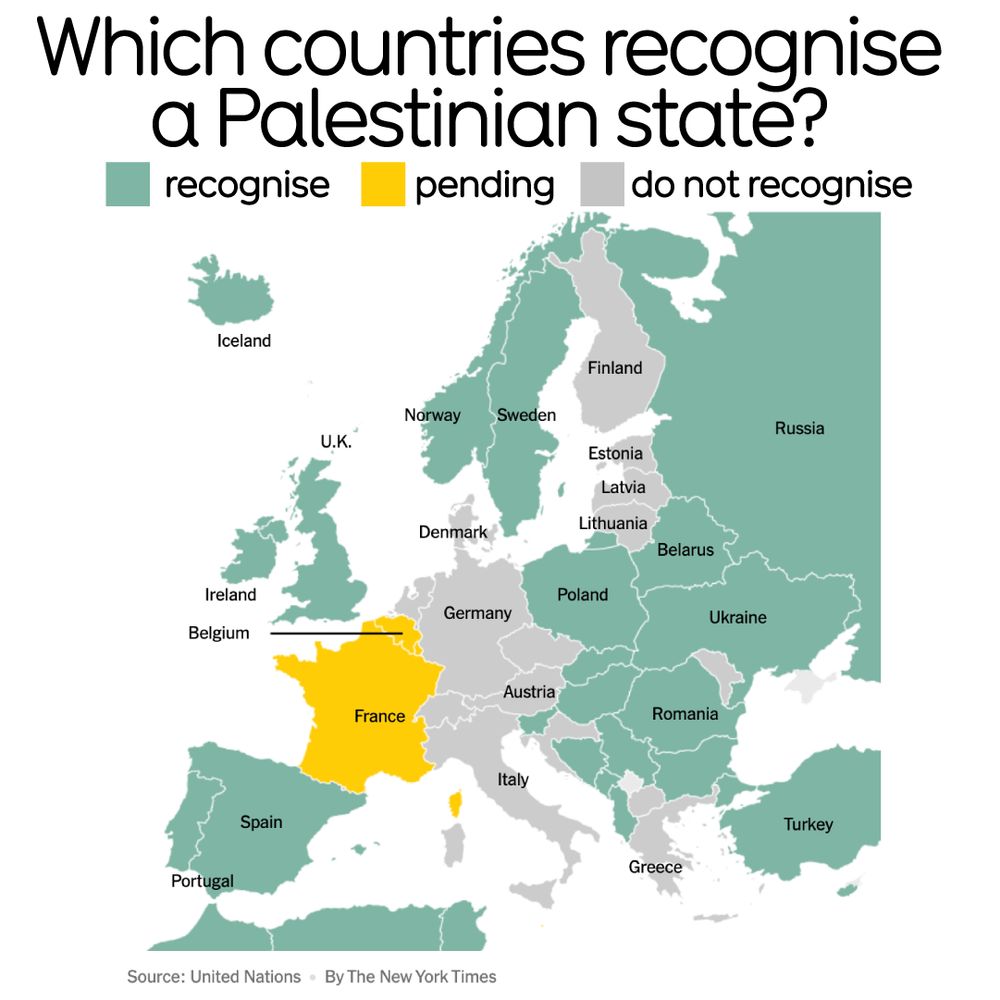 Map of Europe showing countries that recognise a Palestinian state in green: Iceland, Ireland, Norway, Sweden, Finland, Denmark, Portugal, Spain, Poland, Czech Republic, Slovakia, Hungary, Romania, Bulgaria, Greece, Turkey, Russia, Ukraine, Belarus, Lithuania. Countries shown in yellow as pending recognition include the UK, Ireland, France, and Spain. Countries in grey, like Germany and Italy, do not currently recognise Palestinian statehood.