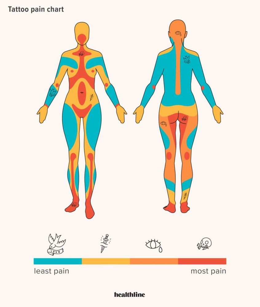 A heatmap overlaid over two human figures, facing front and back, reveals zones where receiving a tattoo are most to least painful. Forearms, back, upper chest, thighs and calves are least painful. While feet, shins, stomach, face and genitals are most painful.