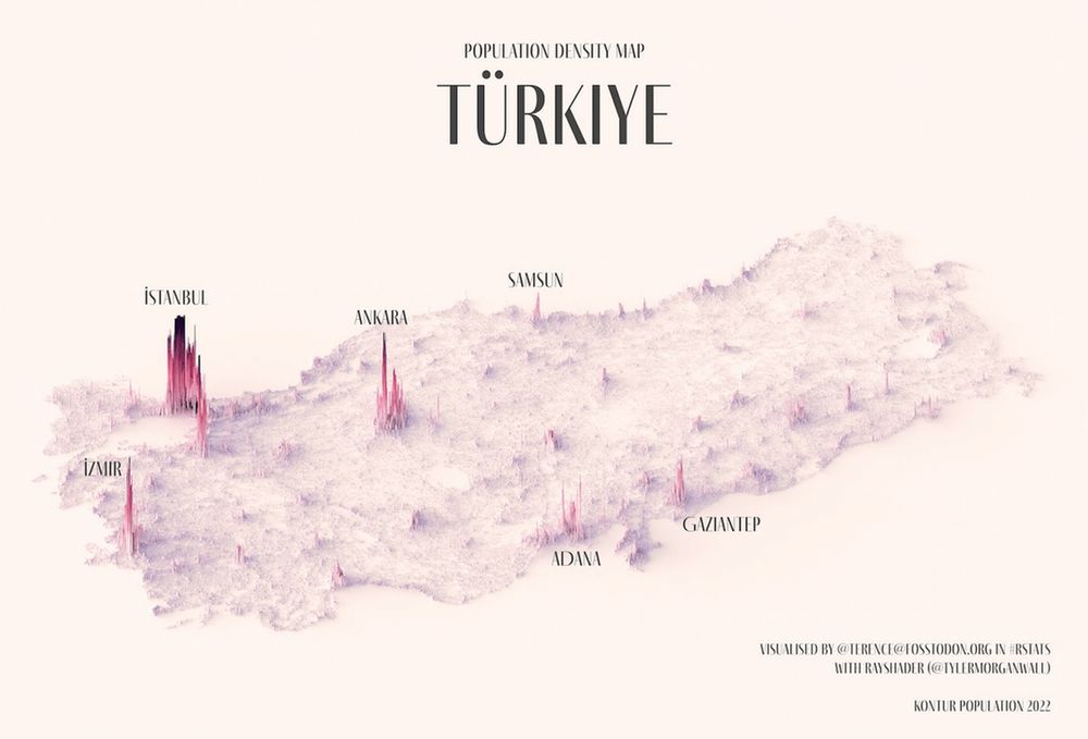 A population density spike map of Turkey showing highest population as higher peaks across a 3D landscape.