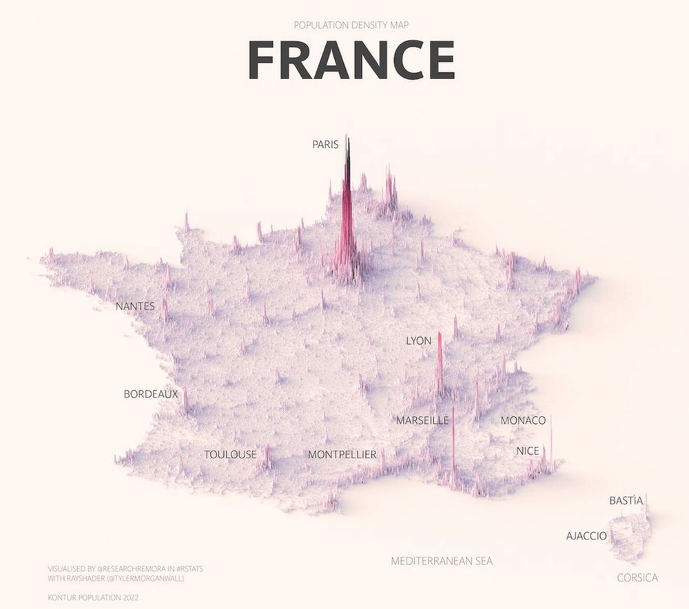 A population density spike map of France showing highest population as higher peaks across a 3D landscape.