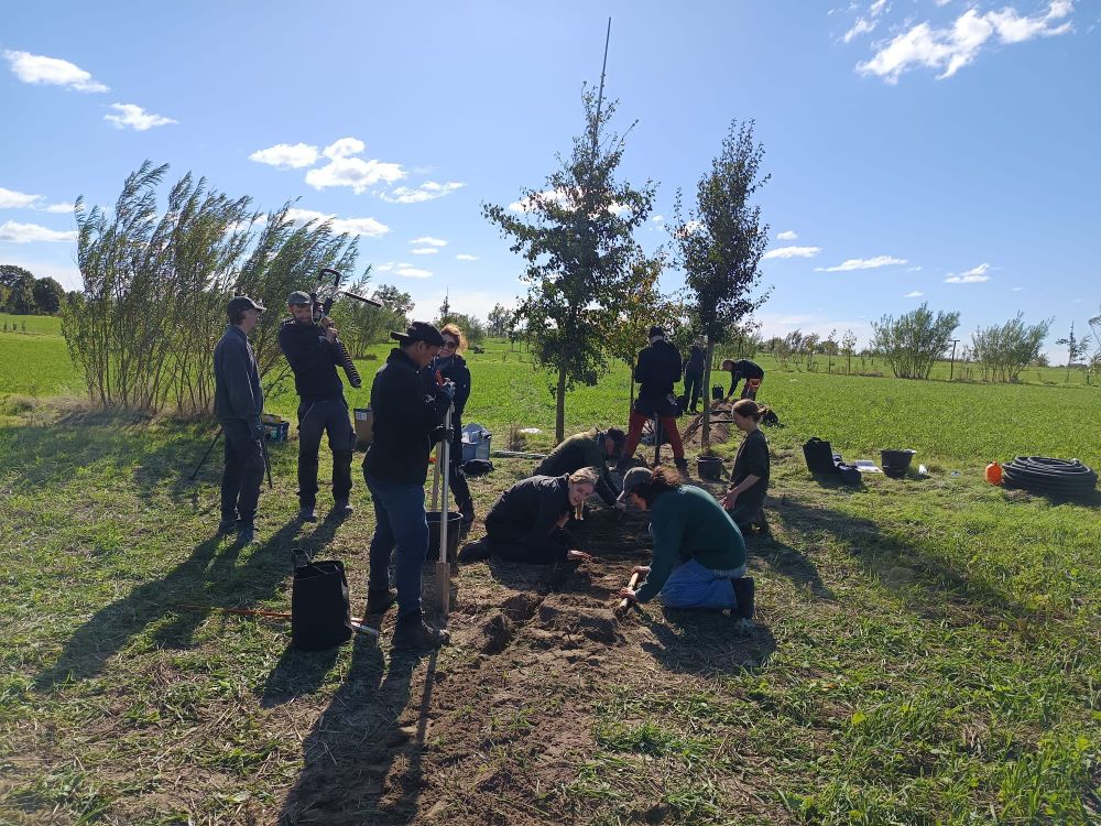 The team working at the installation of the soil moisture network at the agroforestry site in Großmutz (Photo: Philipp Kraft). 