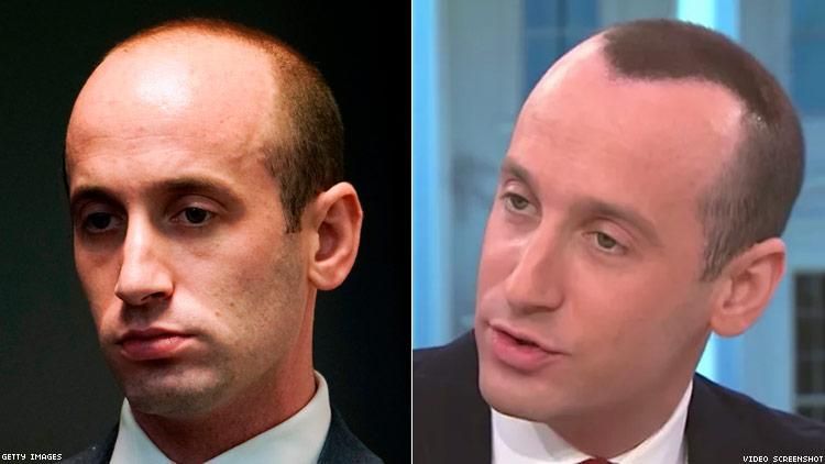Side-by-side photos of presidential advisor Stephen Miller. On the left is his natural hairline, on the right he appears to have applied paint and/or iron filings to simulate hair.