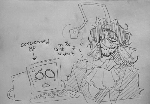 Sebastian is exhausted, text saying “on the brink of death” | Painter appears concerned for Sebastian, text saying “concerned Boyfriend”