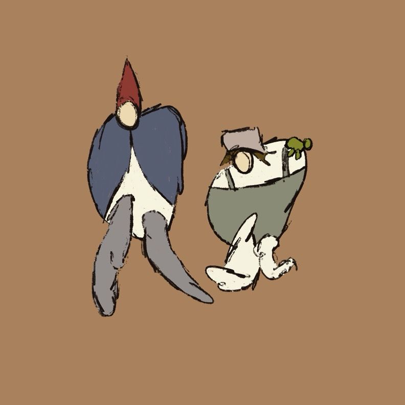 A digital art piece. Two characters from Over the Garden Wall drawn in a loose, distorted style. The figure on the left wears a pointy red hat, a blue overcoat, cream undershirt, and grey pants. The smaller figure on the right wears a grey teapot on the head with brown hair peeking out from underneath, is wearing a cream shirt, green overalls, and has cream legs. A small frog sits on the characters shoulder. They are set against a dark tan background. 