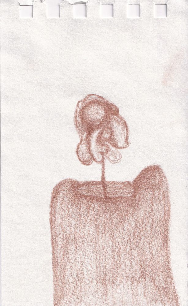 A red monochromatic, colored pencil sketch of a flower-like form with soft, rounded petals on a thin stem. The flowers comes out from the center of a vase, with the opening in the top center. the vase is raised to the right, and slightly raised to the left, similar to a pair of shoulders, with the opening in the middle of them. The background is left blank, showing only the white/cream paper. 