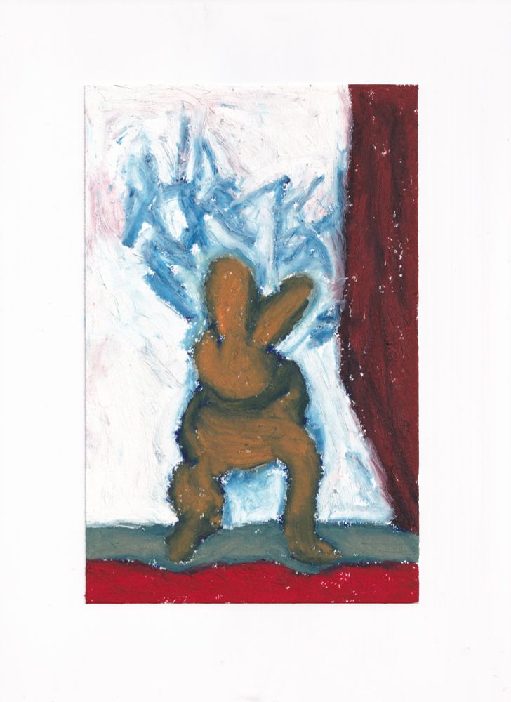 An oil painting of an animal figure with two large ears, a round body, and two legs, standing upright. The animal is tan and has no facial features. The ground is layered, on the bottom red, then green above. The right of the painting is done in brown, while the rest of the background is white, blue, and brown. Above/behind the animal is a mix of jumbled blue lines.