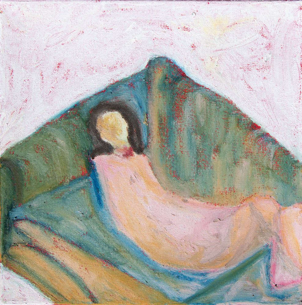 A painting/drawing of a human figure created with oil pigment sticks. The figure wears all pink, has brown shoulder length hair, and lays on a multicolor green, blue, and tan couch. The figure and couch sit against a white background. the entire painting has red under paint peeking through.