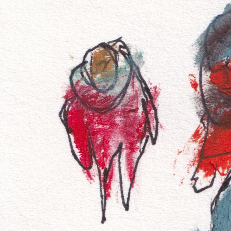 A close up of a loose sketch of a human form with blonde hair, a blue/green head, and red body/clothes, painted with oils.