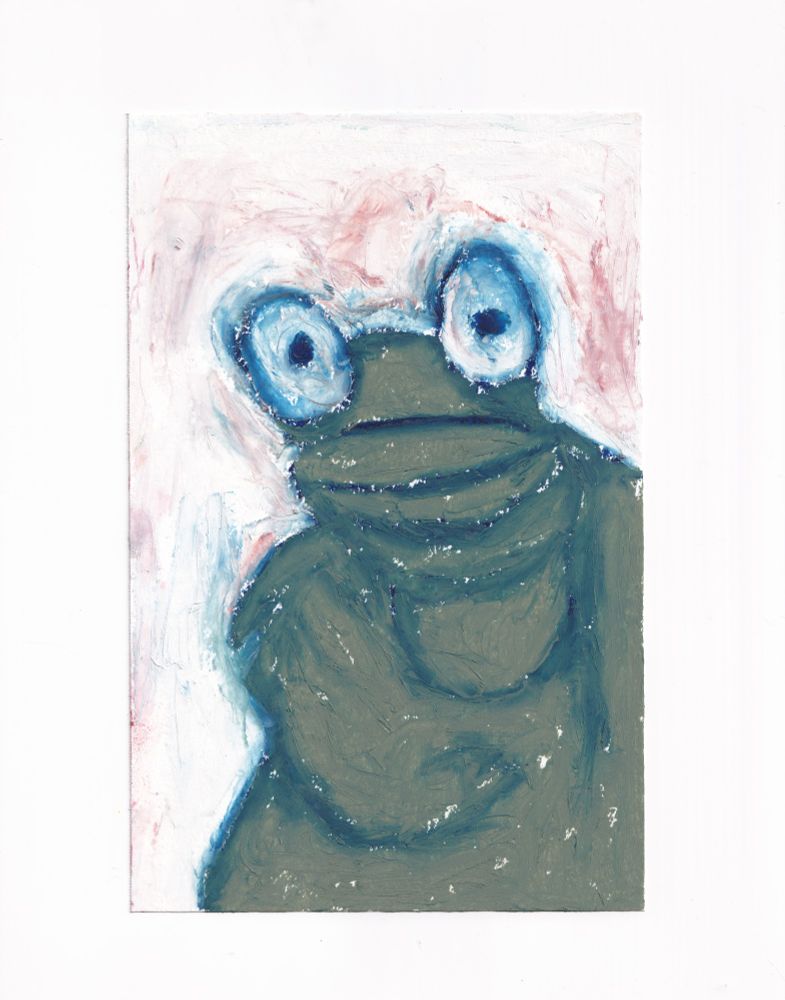 An oil pigment stick painting of a stylized frog. The Frog has two large eyes That sit at the top of, and in the front of it's head. The body is green and shaded with blue. The body has many lines and folds, but lacks any prominent features or detail. The background is mostly white, with red and blue mixed in. 