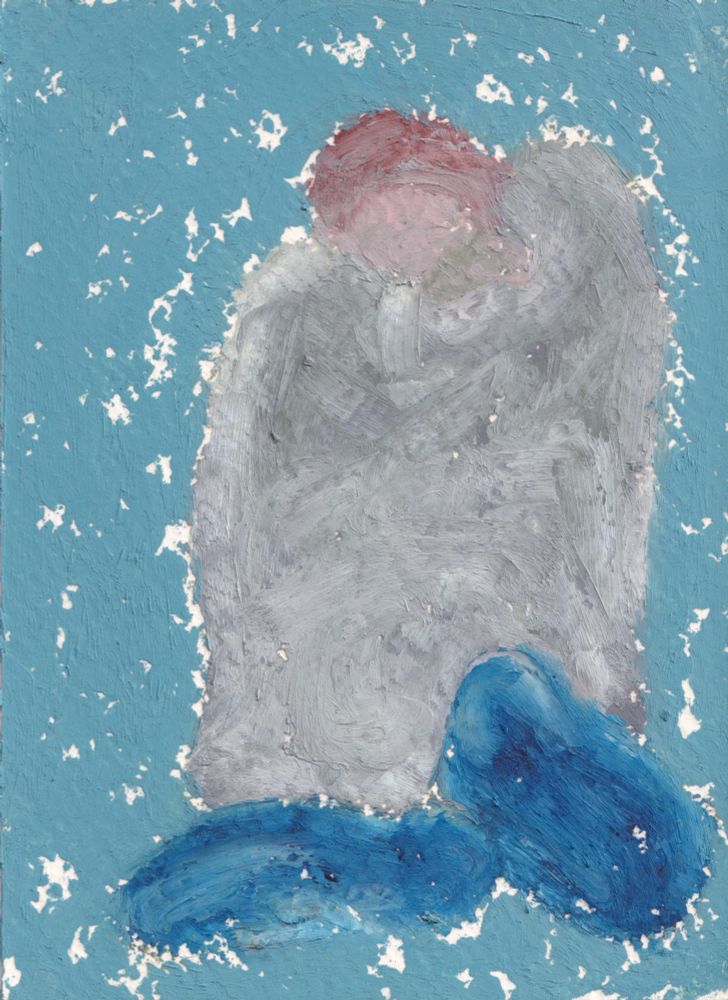 A loosely painted human form sits in the near center of a matte teal background. The figure has brown/red hair, a grey shirt, and blue pants. The entire image is painted with gaps in it, allowing a white/cream background of paper to peek through the paint.