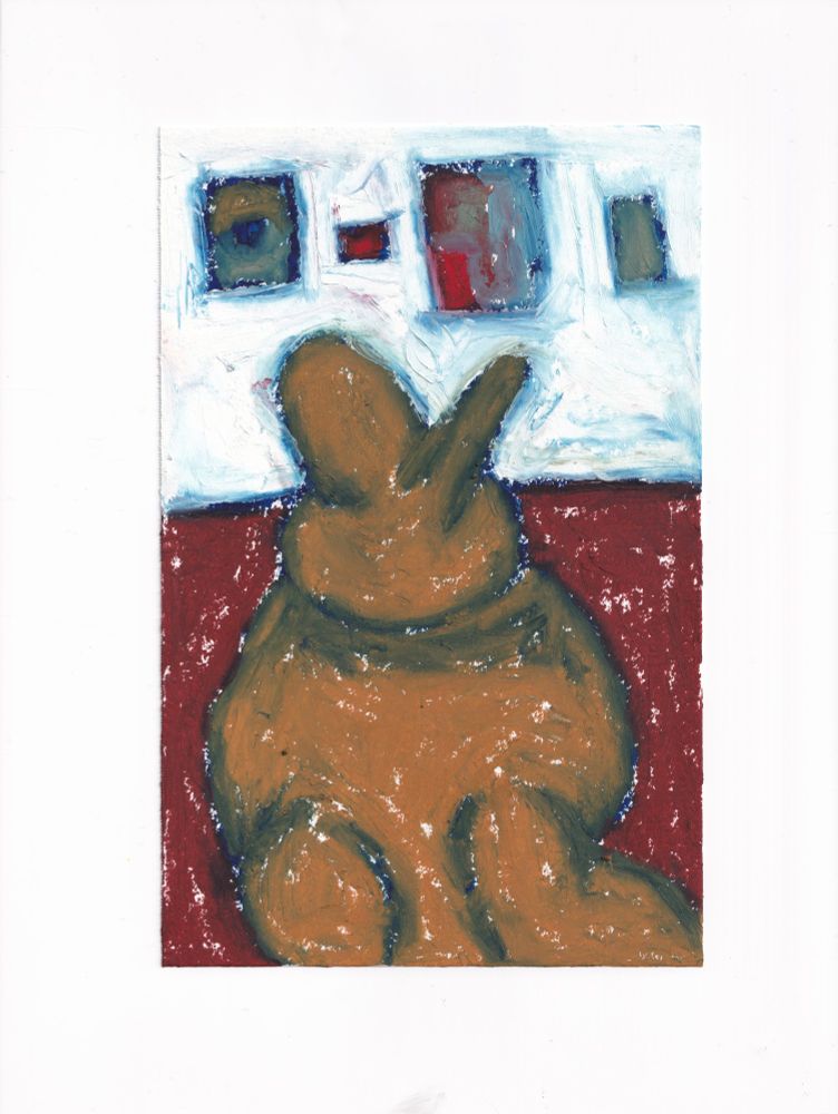 An oil painting showing an animal with two large ears on top of it's head. The animal is tan/brown and has a round body. The animal is near a white wall shaded with blue. On the wall there are 4 paintings visible. Each painting does not depict anything in detail, only color of green. blue, tan, and red. The floor meets the wall at around halfway up the painting. The floor is a brown/red. The entire piece is painted loosely, revealing the white paper underneath in flecks around the painting.