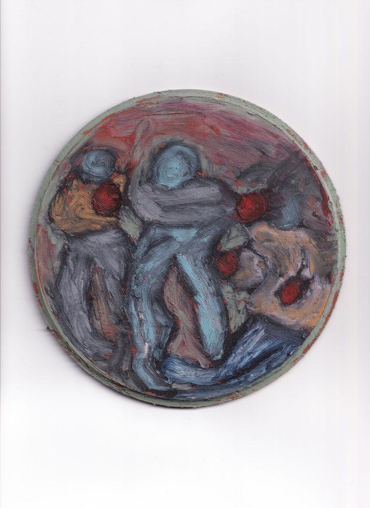 An image of a painting depicting 3 human figures, painted on a circle wooden panel. The figure on the left has a blue head with no facial features, a tan shirt/torso, grey legs/pants, and has a red sphere on the only visible hand. The figure in the middle has a round blue head with no facial features, a grey shirt, and blue legs/pants. This figure has one hand visible, with a red sphere on it. the hand is moving to the right side of the painting, coming in contact with the figure on the far rights head. The figure on the far right is lower than the other two, their head is at chest height compared to the others. Their head is round and blue, but nearly obscured by a blur, and the middle figures hand. They are wearing a light tan shirt, and blue pants. Both arms are visible and have red spheres on the hands. This figure is slouched down, their legs lay on the ground, underneath the middle figure. The background is a mix of red, purple, and green.  