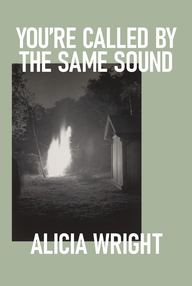 Book cover featuring black and white photograph of a bush on fire center, a shed on the right, and a ghostly figure on the far left with a forest background at title on mint green background
