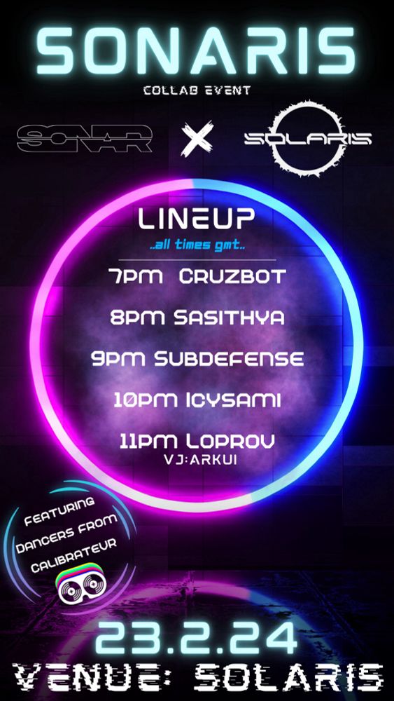 A poster for a VRChat club event. The lineup starts at 7pm GMT on the 23rd February.