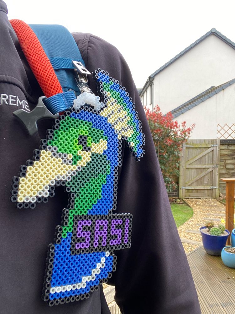 A close up of a large badge in the shape of a peacock with the word “Sasi” written upon it. In the background is a path leading to a garden gate.