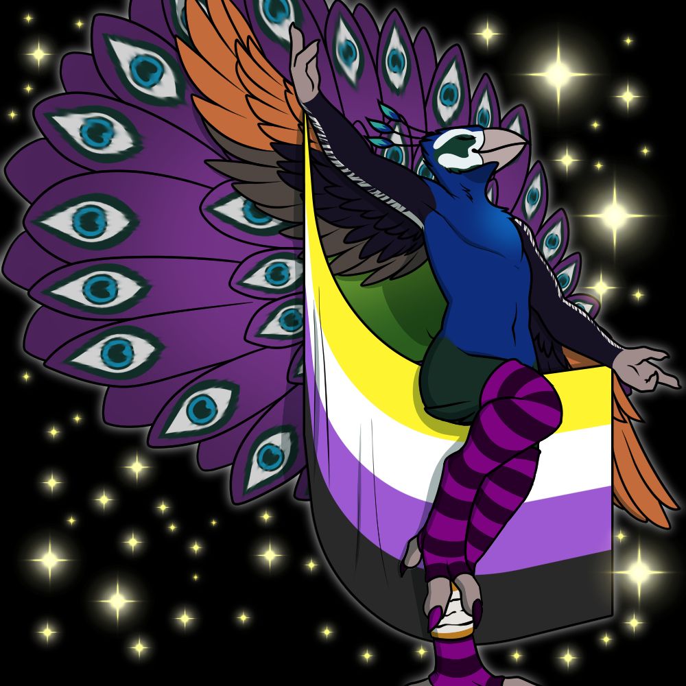 An image of an anthropomorphic peacock with purple train feathers spread out in a fan. Their wings are spread either side, the non-binary flag (formed of yellow, white, purple, and black horizontal bars) held between them.