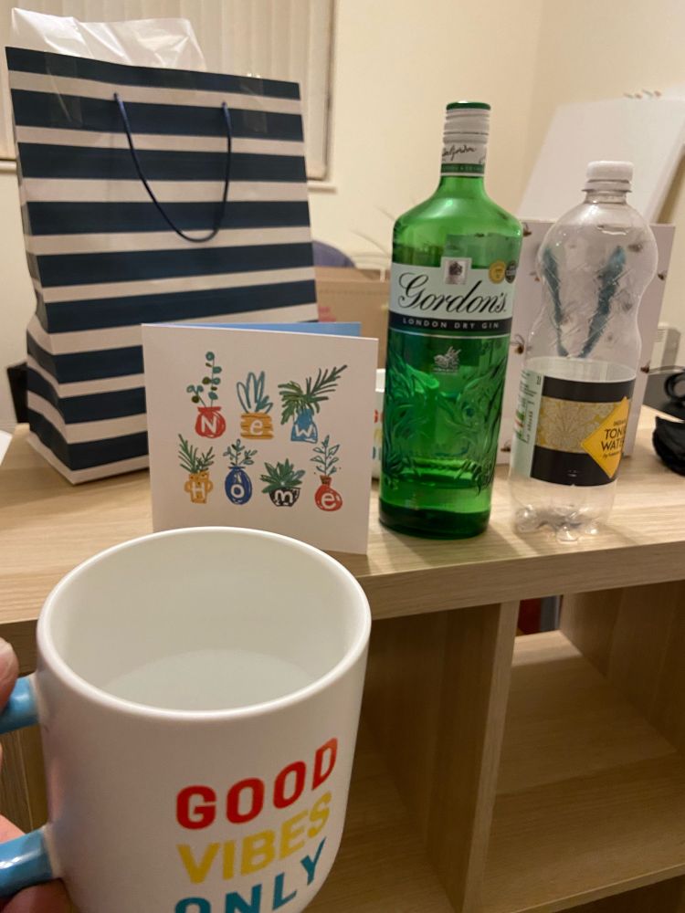 A view of a room in flat. There is a storage unit with a bottle of gin and a second bottle of tonic on top, along with a card with the words “New Home” written on the front.
A mug is held close to the camera with the words “Good Vibes Only” written upon it.
