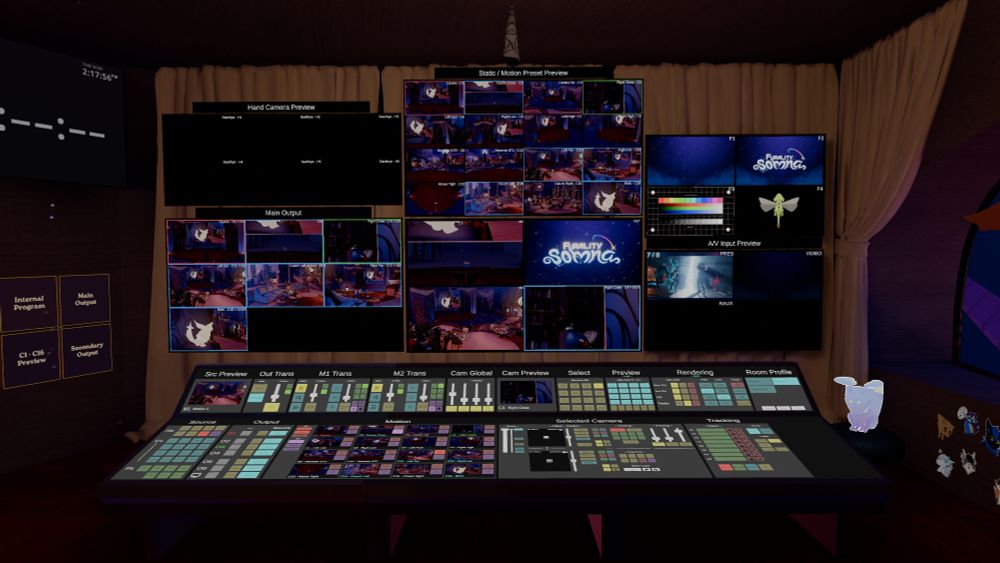 A close up of the main camera control desk in VRChat. Several monitors are mounted to the wall, with a console below with many buttons and sliders for controlling cameras.