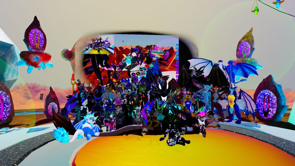 A group photo taken in VRChat showing a large number of furries on a dance floor in the clouds.