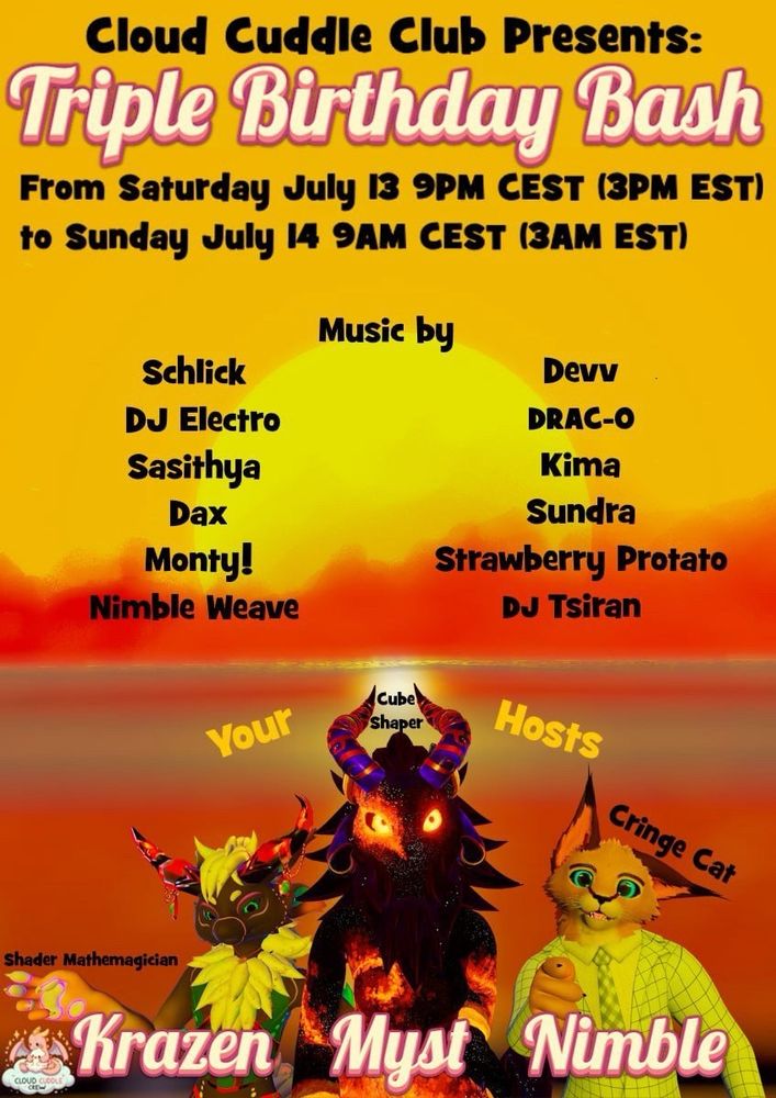 A poster showing the details of a “Triple Birthday Bash” of Krazen, Myst, and Nimble.