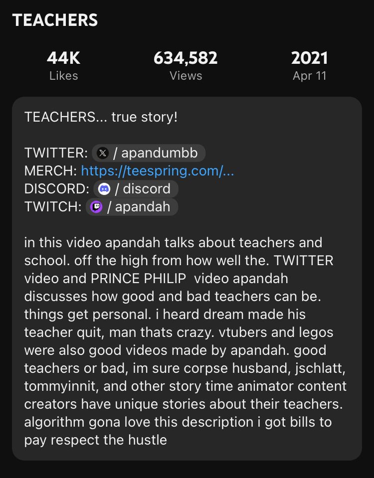 a screenshot of an apandah video description… “TEACHERS”