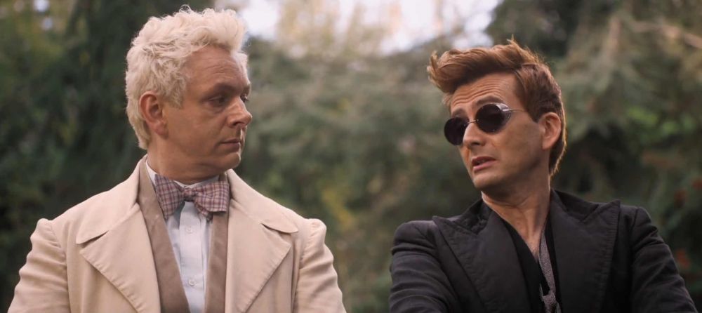 In season one, Aziraphale and Crowley sit together on a bench. Aziraphale appears to be gazing at Crowley's mouth