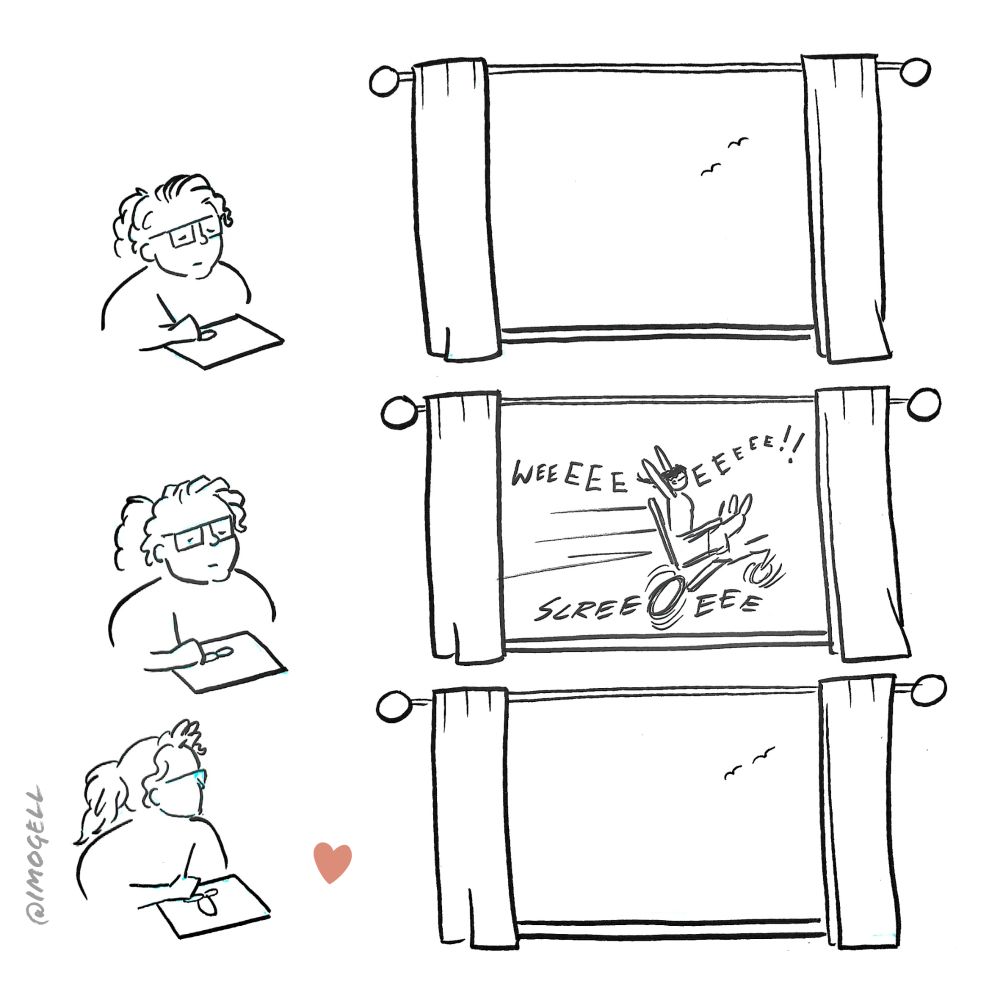 A quick drawing of me drawing next to a window in three parts. The first, I draw a circle and there are birds in the sky. The second, I draw another circle, and Becky on a wheelchair whizzes past the window, squealing and with her arms in the air. Last, i look up to a clear window again, my drawing has turned into a crude drawing while the window just shows birds flying past again