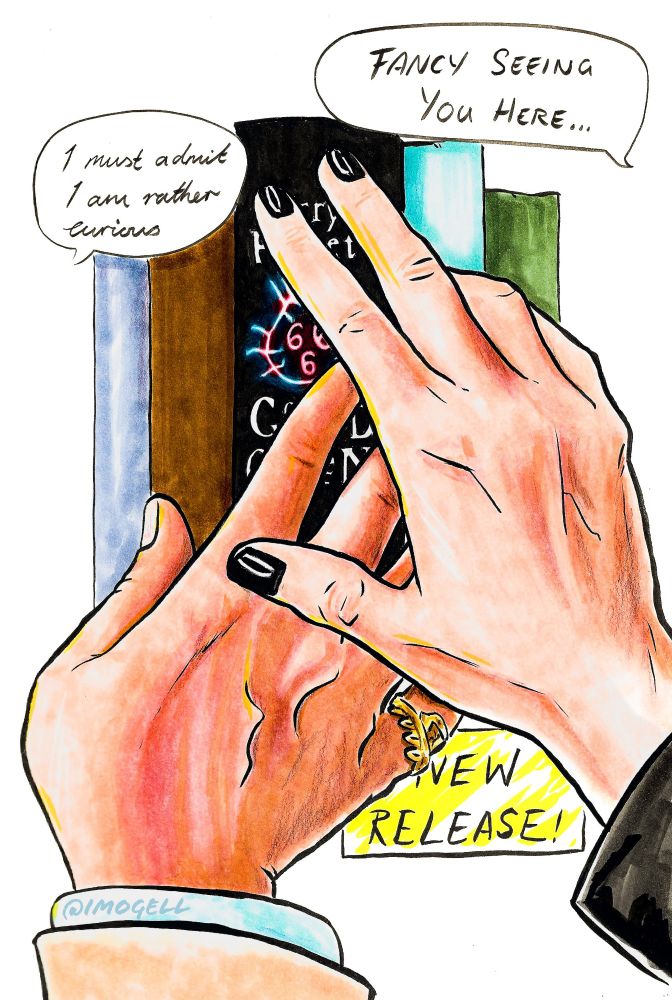 An artwork of Aziraphale and Crowley's hands both reaching for the same book, which happens to be the first edition of Good Omens, published today 35 years ago. 
Crowley is saying, "Fancy seeing you here..." and Aziraphale has replied, "I must admit, I am rather curious"