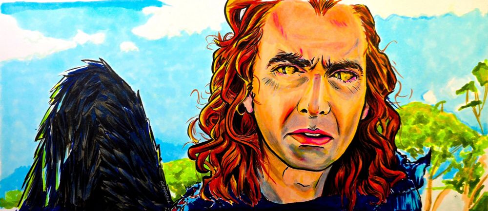 Frame number 140. 

Image is a frame from the scene in good omens when crowley and aziraphale are stood on the wall of Eden. Crowley is in the frame, frowning. This is an artwork created with copic markers. 